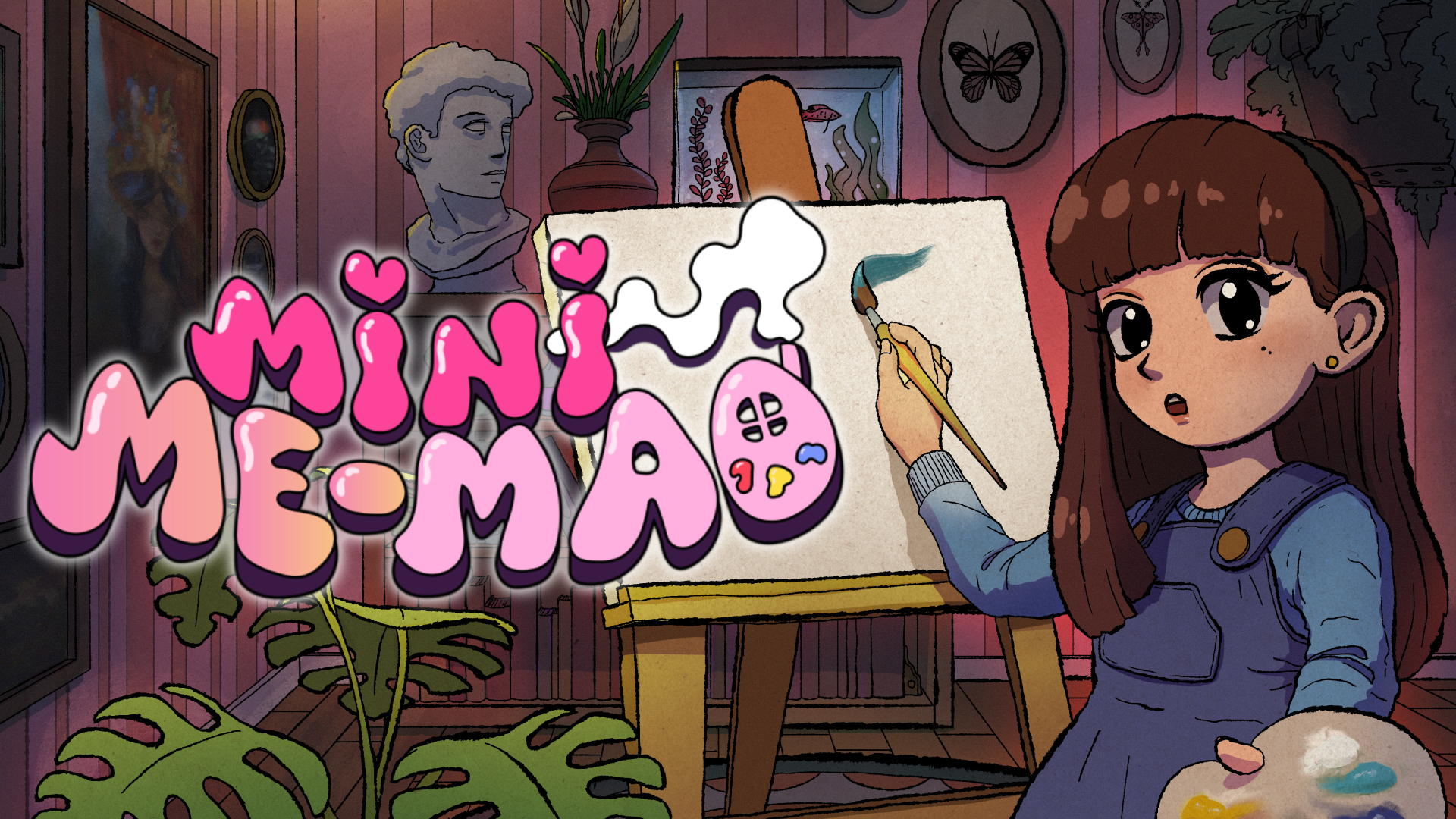 Widescreen Mini Me-Mao key art: the painter at her easel in a plant-filled studio, with the game logo overlaid at left