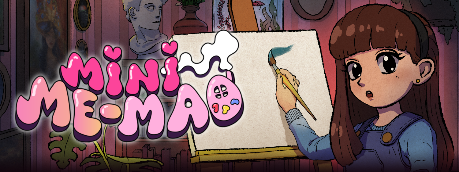 Letterbox email header banner: the painter at her easel with the Mini Me-Mao logo at left