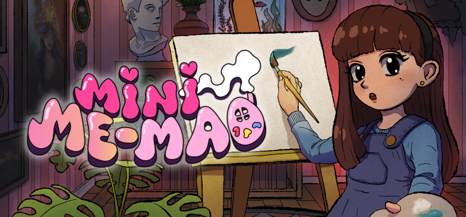 Wide Steam header capsule with the Mini Me-Mao logo beside the painter at her easel