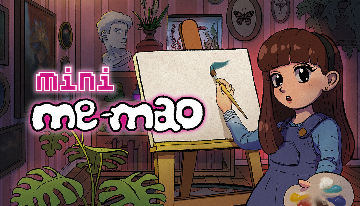 Mini Me-Mao main capsule art: a young painter at her easel in a warm, lamp-lit studio full of plants and framed pictures, with the game logo at left