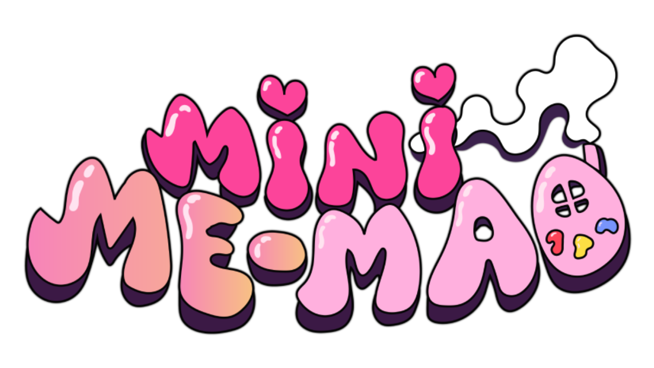 The Mini Me-Mao wordmark: chunky bubble letters reading "mini" above "me-mao" in pinks, with hearts dotting the i's and a paint palette forming the final O
