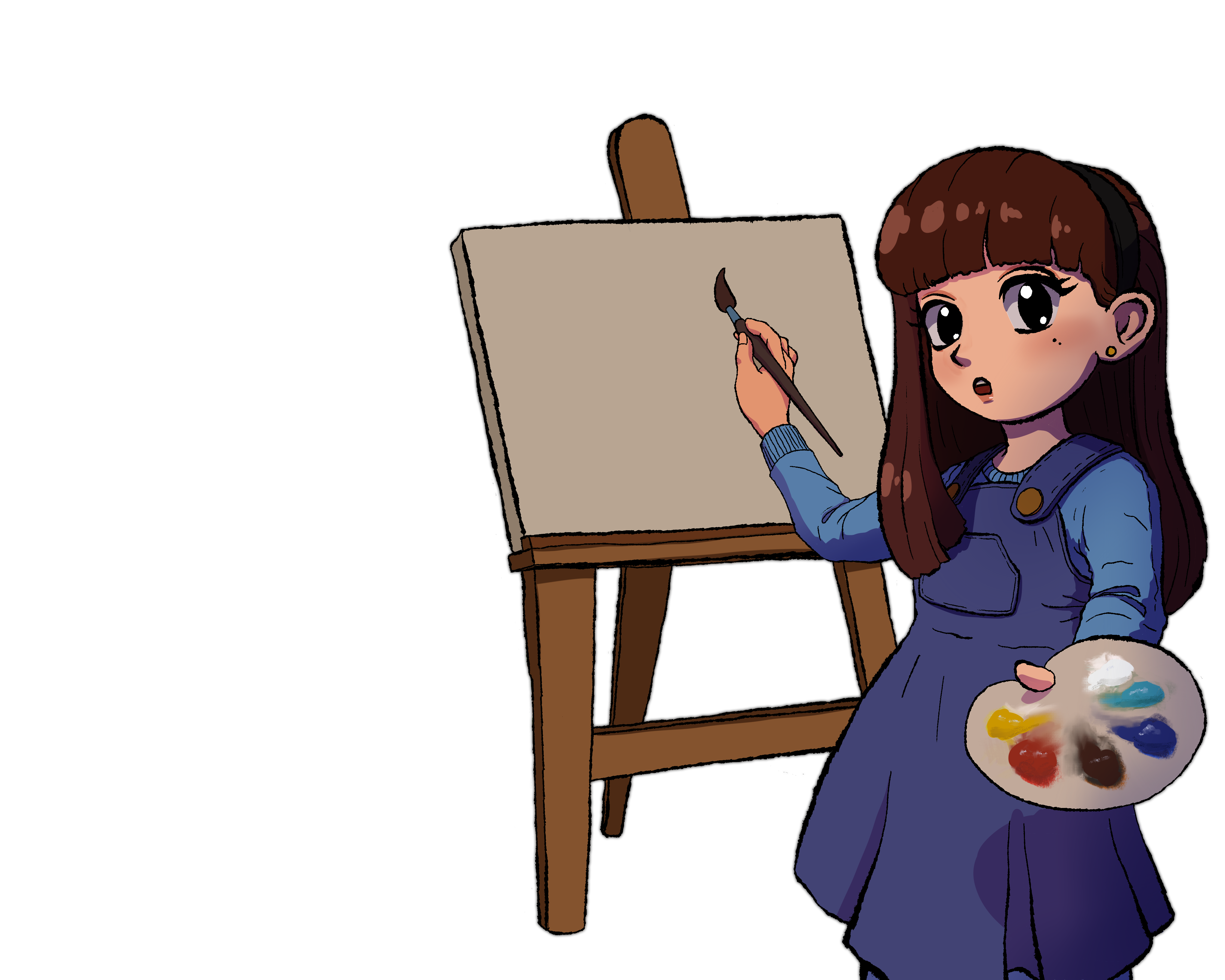 Hand-drawn art of the artist standing at a wooden easel with a blank canvas, brush raised in one hand and a paint palette in the other