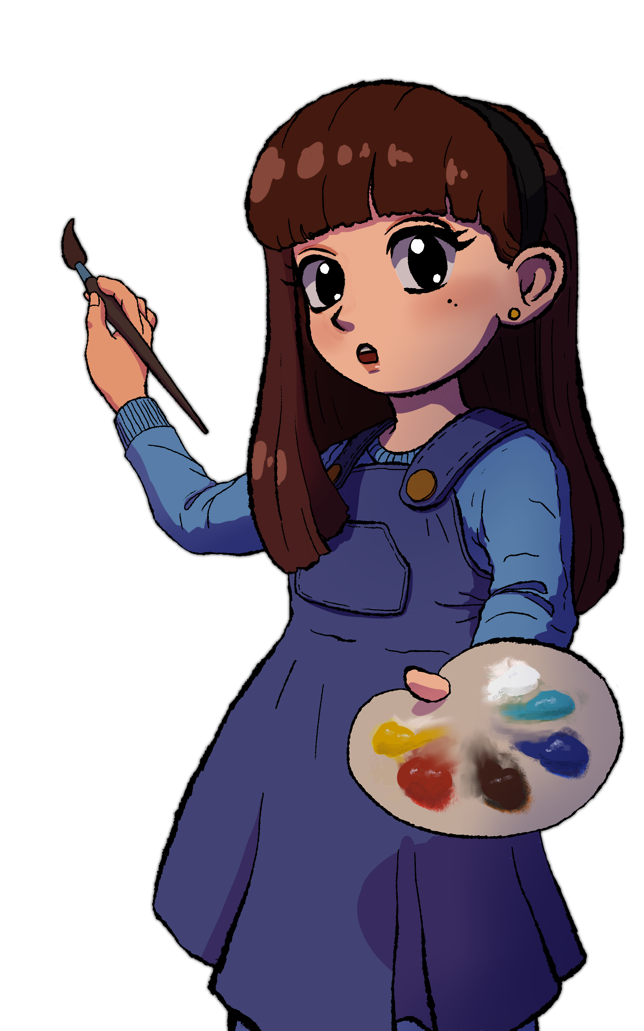 Hand-drawn character art of the artist on her own, brush held up in one hand and a paint palette in the other