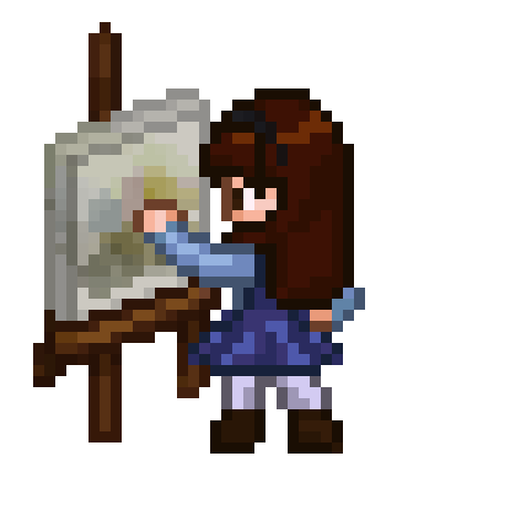 Animated pixel art of the mini painting at an easel