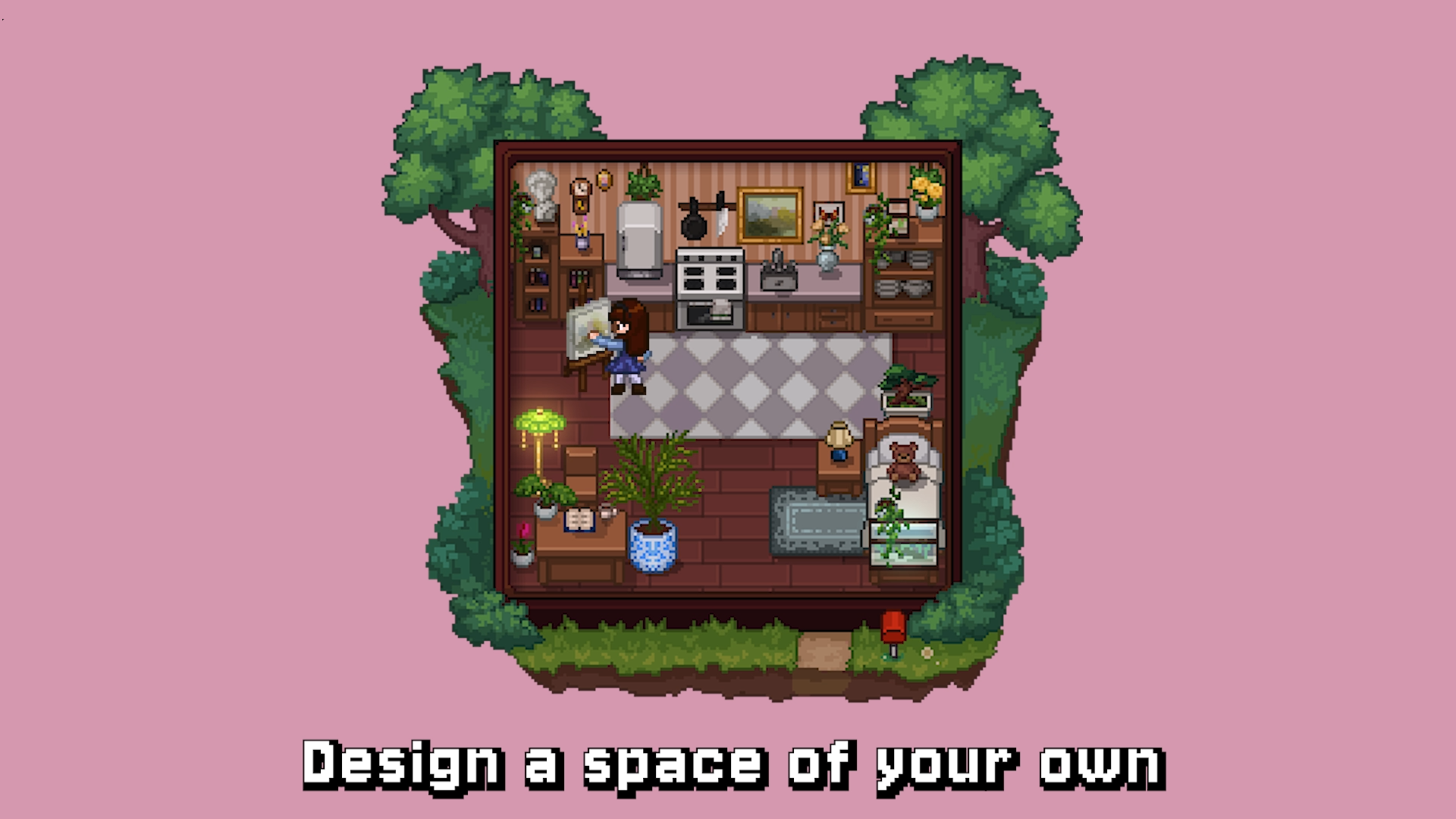 A pixel art dollhouse room with a kitchen, bed, bonsai, and the mini painting at an easel