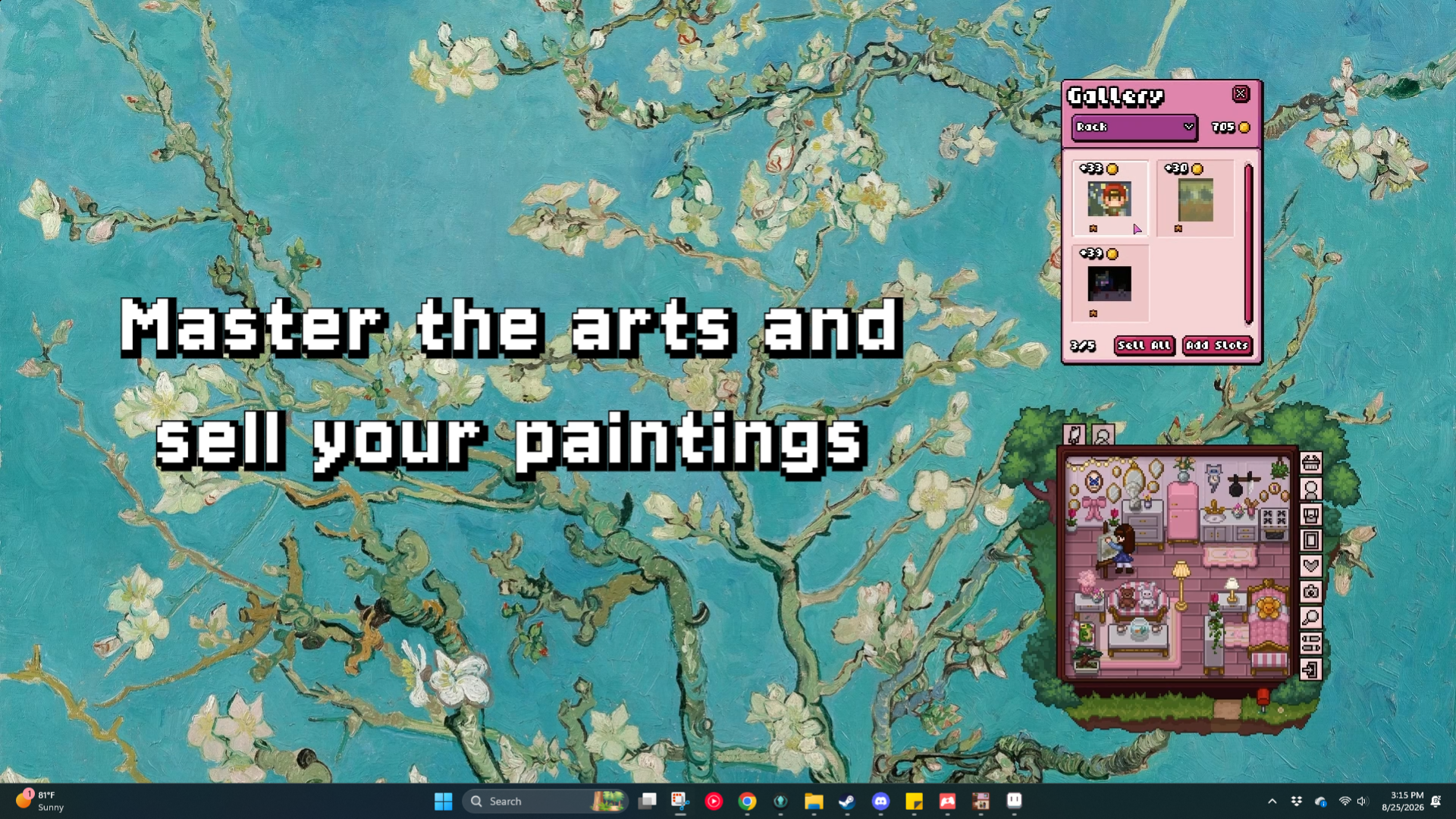 The Gallery window listing finished paintings with gold values, floating over a desktop next to a pink dollhouse room