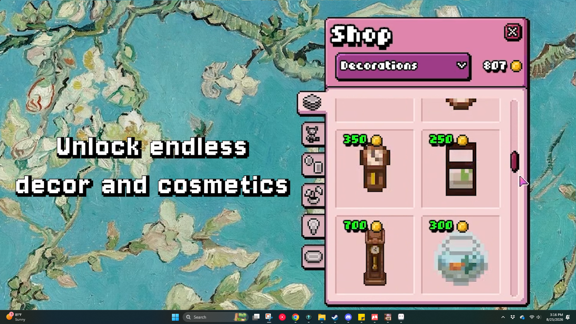 The in-game shop showing decorations for sale, including a grandfather clock and a fish bowl