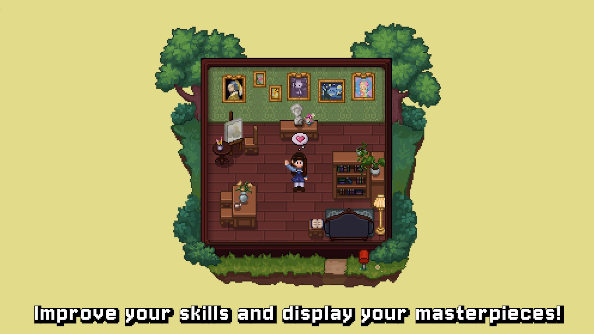 A dollhouse room with finished paintings hung in gold frames along the wall