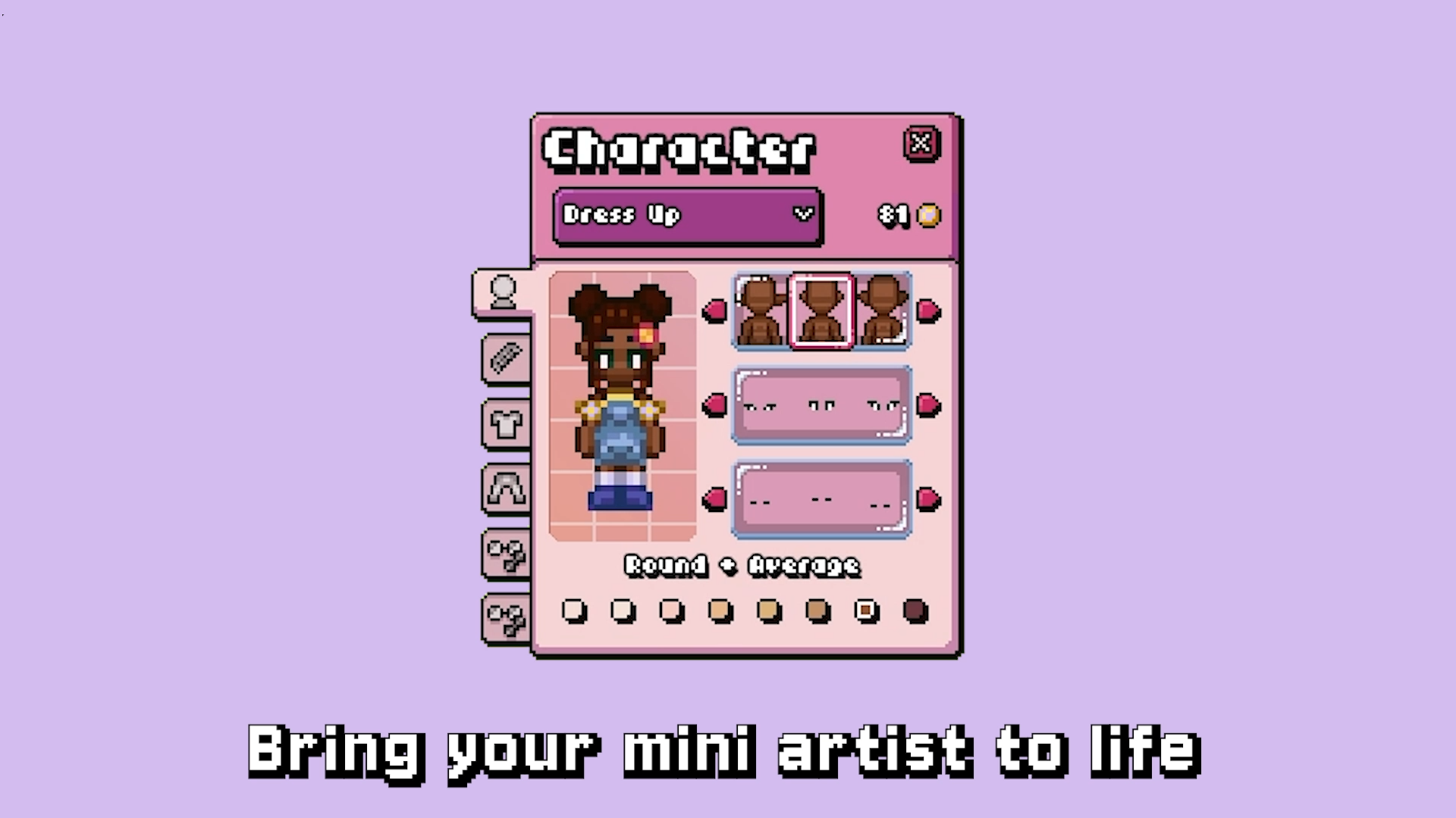 The character dress-up screen with hairstyle, outfit, and skin tone options