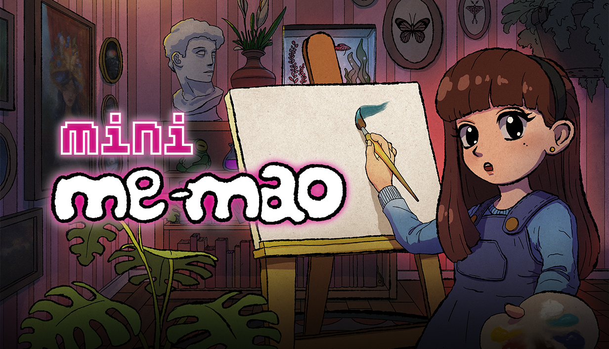 Social-media-sized version of the Mini Me-Mao key art with the logo