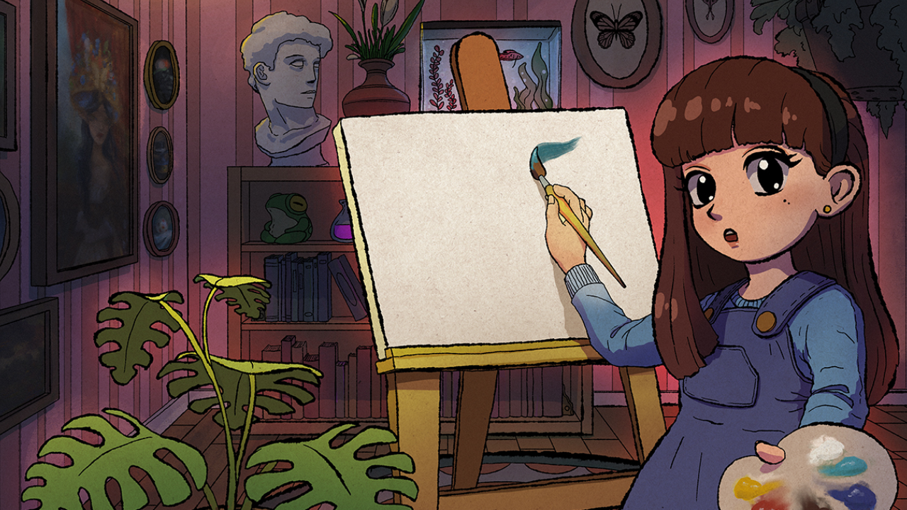 The same YouTube thumbnail scene without the logo overlay, showing the painter at her easel