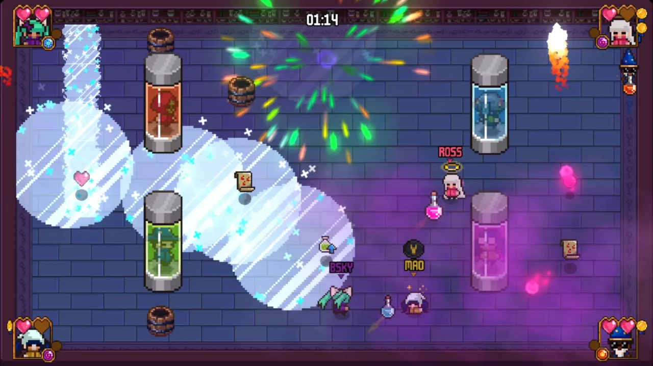 Wizards battling with fire, ice, and earth potion clouds in the dungeon arena