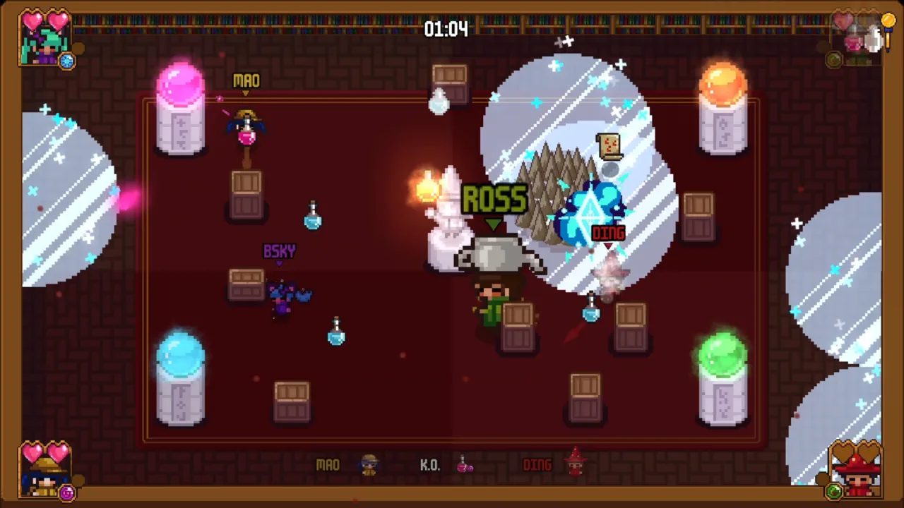A four-way battle in the library arena, surrounded by elemental potion crates