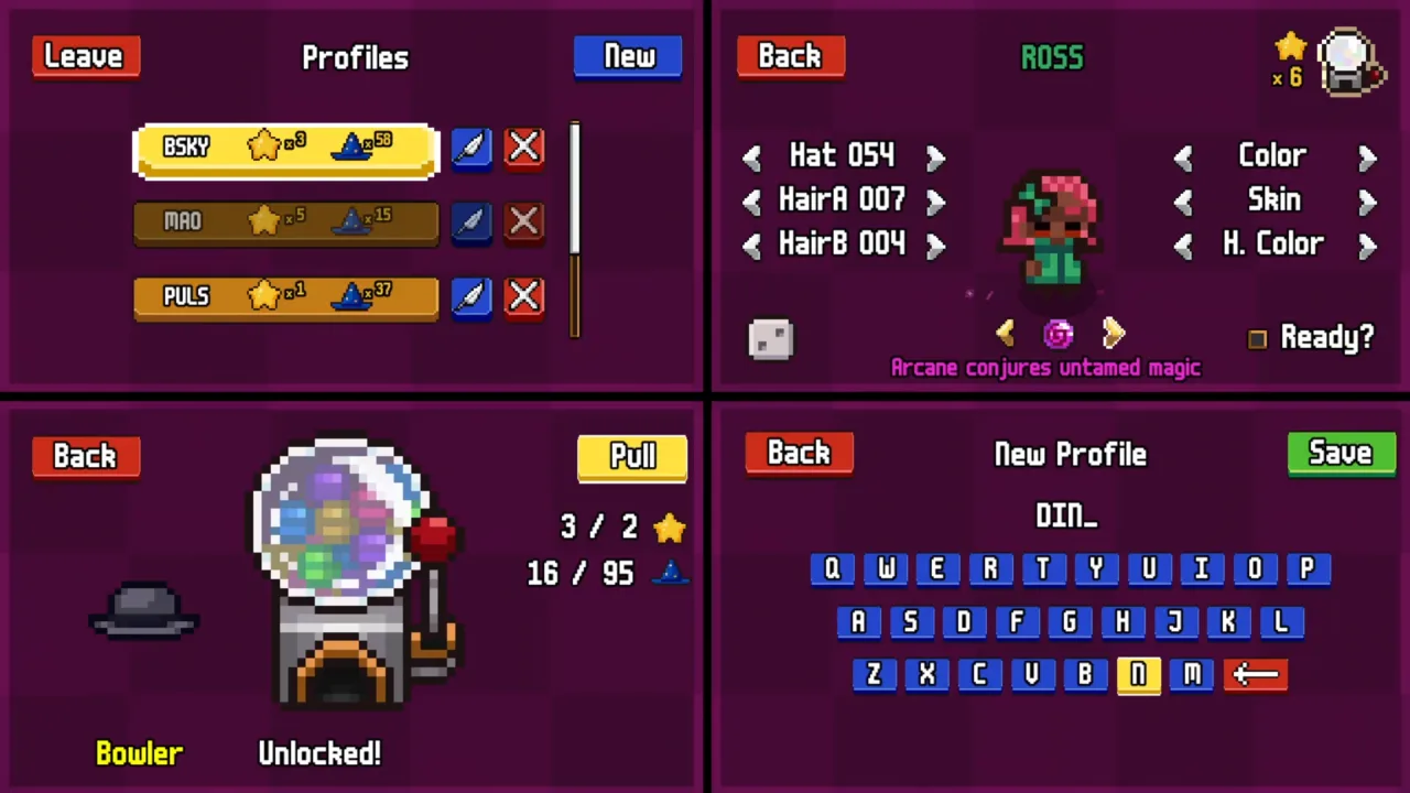 Character customization screen with hats, hair, and color options