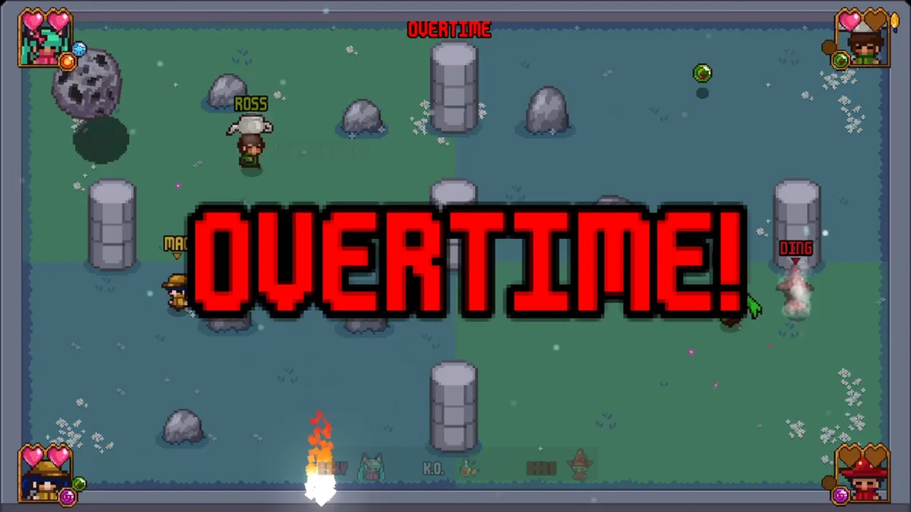 An OVERTIME banner during a tense final showdown on the rocky arena