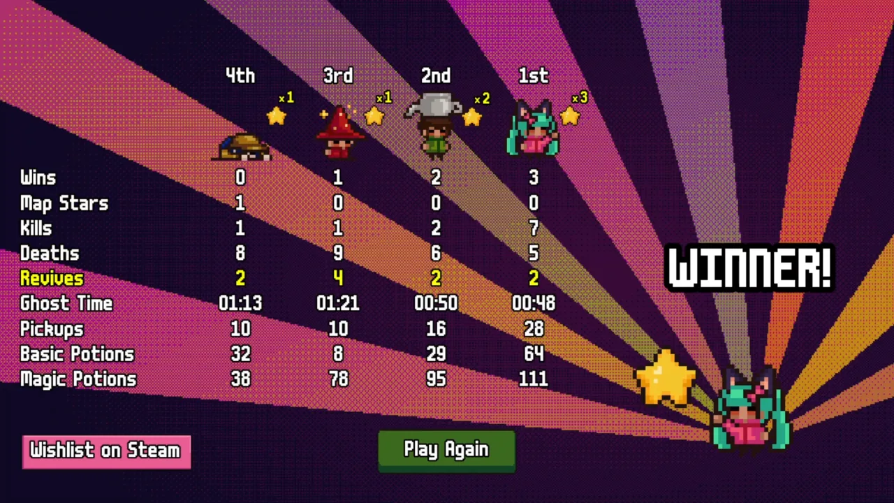 Post-match results screen crowning the winning wizard