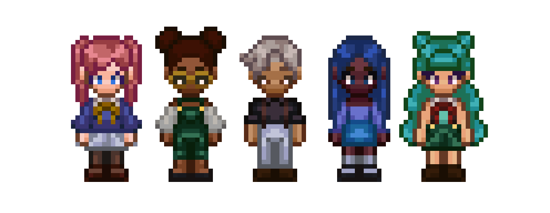 Five character sprites walking forward