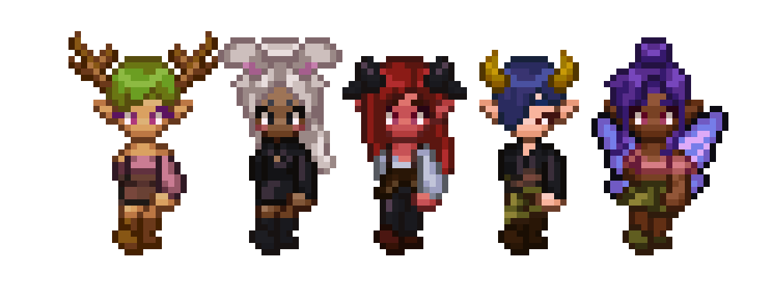 Five character sprites walking forward